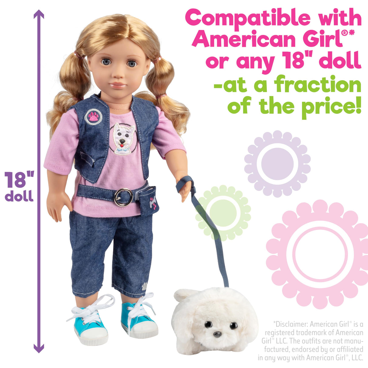 7pc Dog Walker Outfit w Pet Puppy- 18" Doll Clothes & Accessories Compatible w American Girl Dolls- Set Includes T-Shirt, Vest, Pants, Belt, Shoes, Dog Plush & Leash- Perfect Easter Basket Stuffer