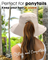 FURTALK Sun Hats for Women Ponytail UV Protection Beach Summer Hat Wide Brim Packable Cowboy Hat Beige