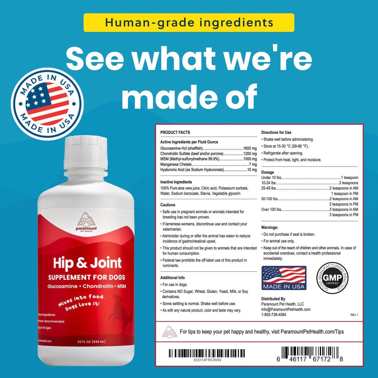 Paramount Pet Health Liquid Glucosamine for Dogs, 1600mg Glucosamine Chondroitin MSM, Hip & Joint Supplement for Large Dogs, Liquid Arthritis Relief & Mobility Support, 32 oz