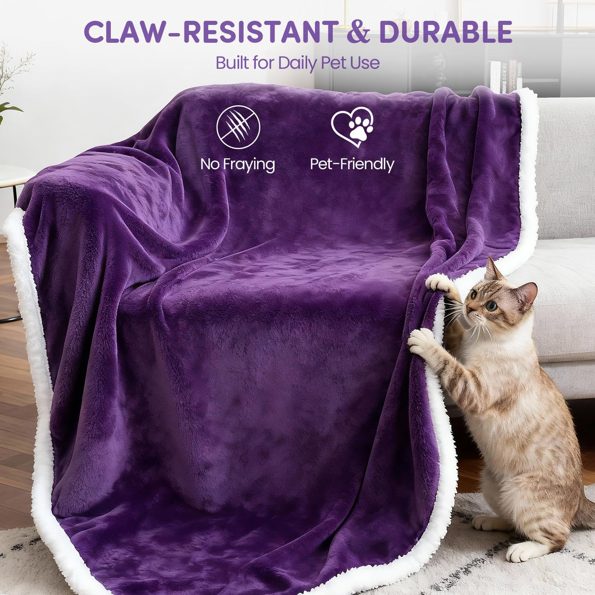 BoxZone Waterproof Dog Blanket for Couch – Double Sided Washable Cat Puppy Blanket, Durable Furniture Protector for Dogs and Cats, Purple White L(60×50)"