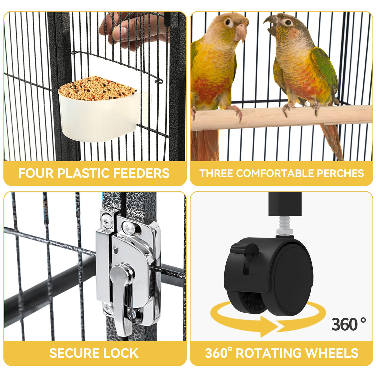 DWVO 41-inch Metal Bird Cage: Large Parrot Cages with Rolling Stand - Features Tray, Food Boxes & Wooden Perches for Parakeets, Lovebirds, Cockatiels, Finches and Pigeons, Black