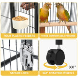 DWVO 41-inch Metal Bird Cage: Large Parrot Cages with Rolling Stand - Features Tray, Food Boxes & Wooden Perches for Parakeets, Lovebirds, Cockatiels, Finches and Pigeons, Black