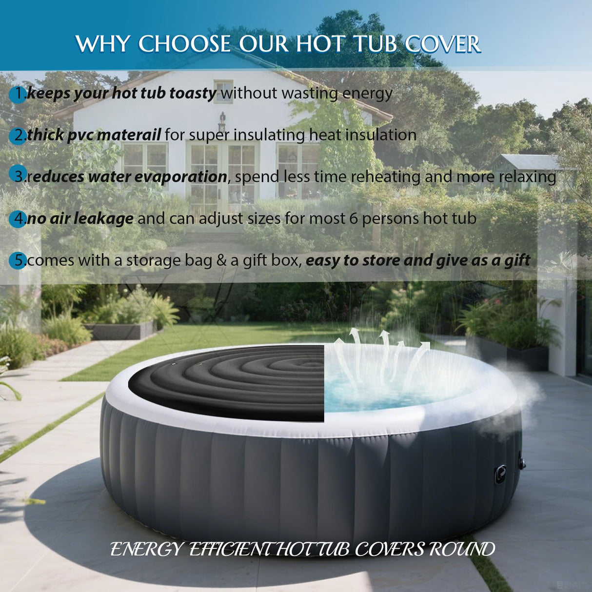 Inflatable Hot Tub Cover Round Replacement, Fit Saluspa Coleman Intex Spa Cover, Insulated Energy-Saving Weatherproof Lid, Unique Design Flexible Adjust Pool Cover Size-Life Time Support