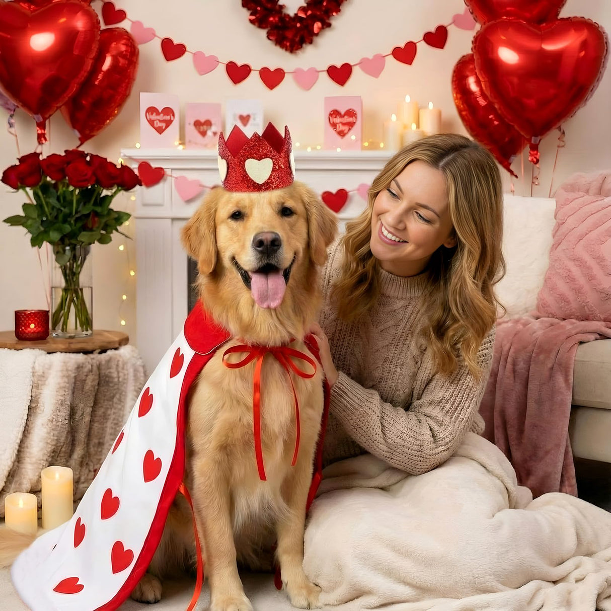 Hillban Valentine's Day Dog Costume Heart Crown and Cape Cover Set Dog Queen Valentines Outfit Heart Cape Hat for Small, Medium, Large Dogs and Pets(L)