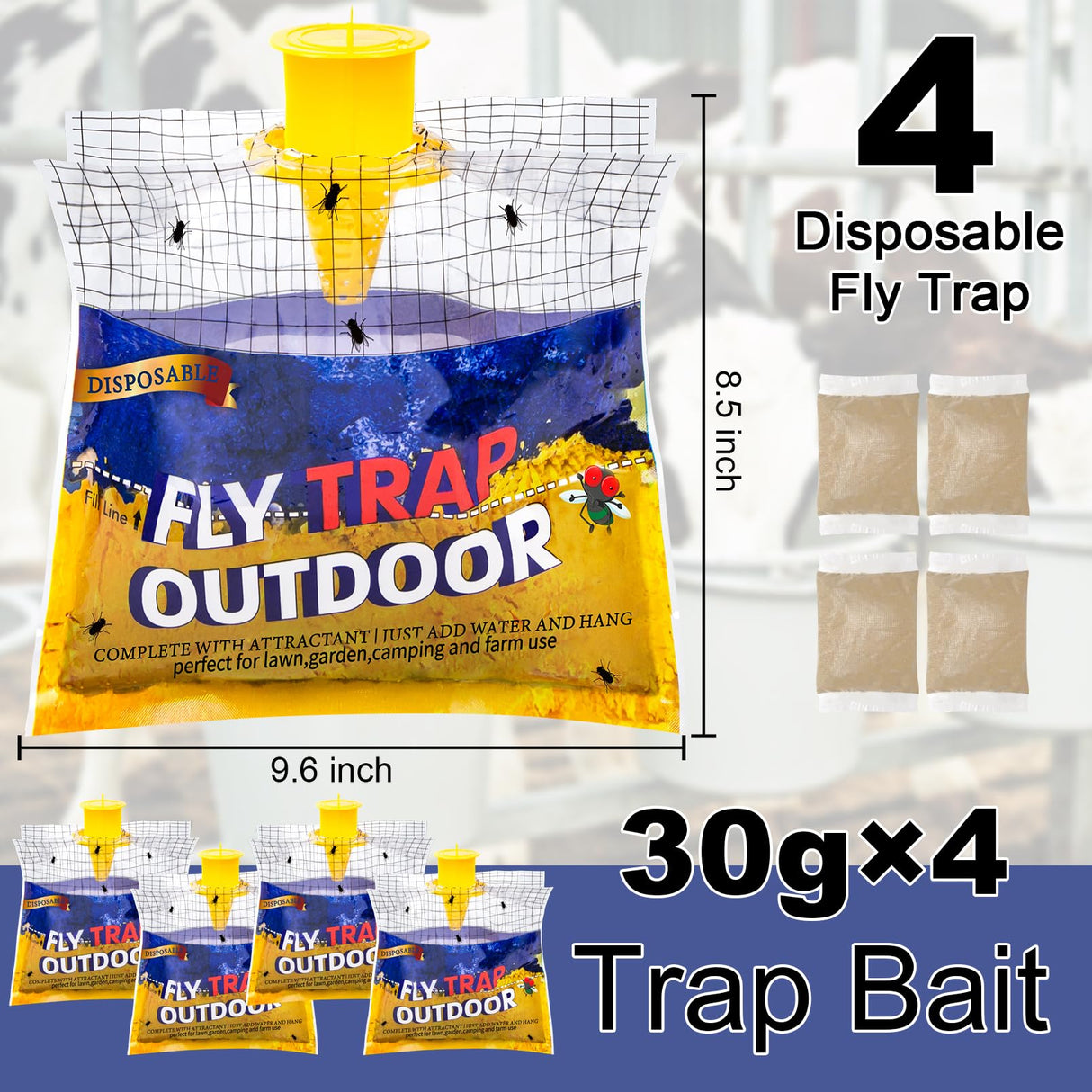 Fly Traps Outdoor Fly Trap Hanging with 30g Fly Bait, Natural Pre-Baited Fly Bags Outdoor Disposable Stable Horse Ranch Fly Trap Bag Fly Catchers Killer Outdoor 4 Pack