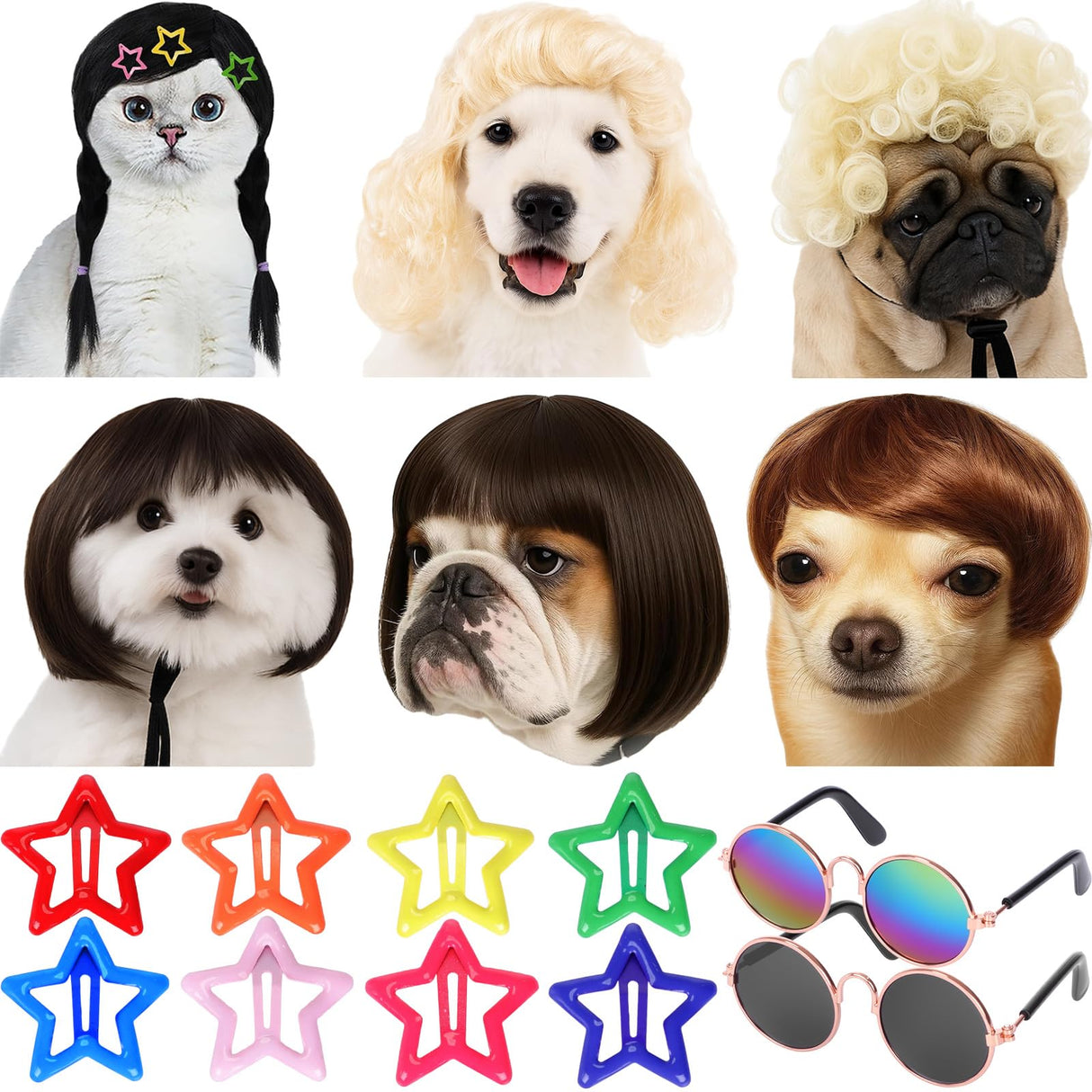 FineCheer 6 Pcs Funny Dog Wig for Cat and Dog Role Playing Wigs with Hairpin Glasses and Adjustable Elastic Band Pet Wigs and Pet Costumes for Small, Medium & Large Pets Accessories(Classic)