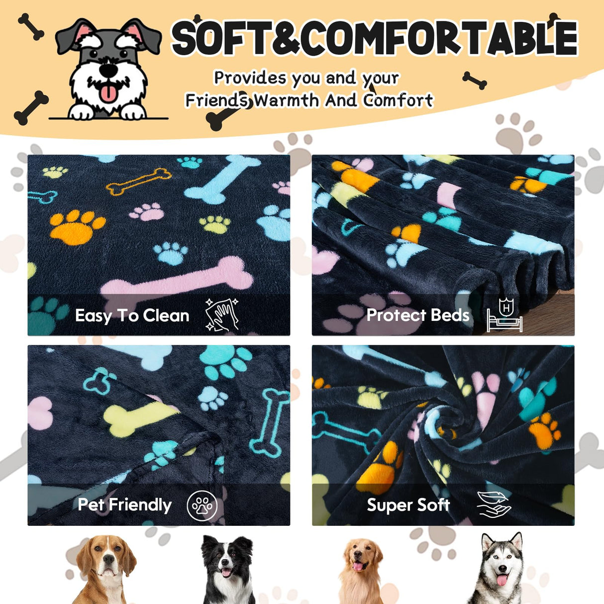 Rezutan Blanket for Large Dogs, Cat Flannel Washable Soft Pet Mat Throw Cover for Kennels-Beds, Sofas, Furniture Protection, Cute Paw Pattern, Black, 80x60 Inch