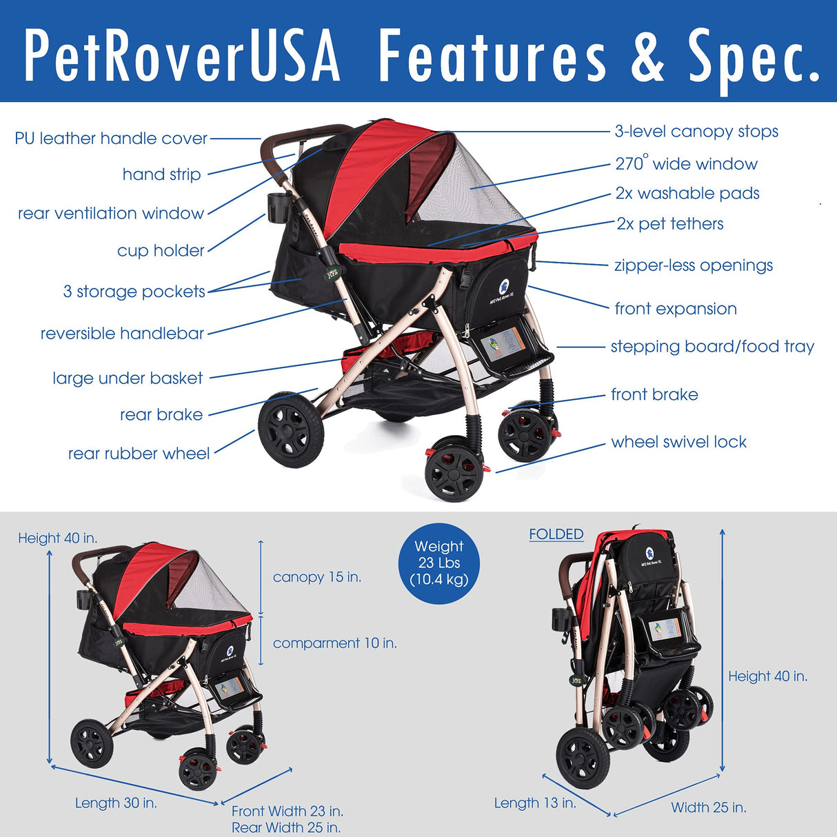 HPZ Pet Rover XL Extra-Long Premium Heavy Duty Dog/Cat/Pet Stroller Travel Carriage with Convertible Compartment/Zipperless Entry/Pump-Free Rubber Tires for Small, Medium, Large Pets (Red 2nd-Gen)