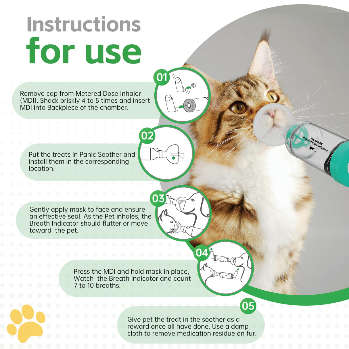 Neobay Cat Inhaler Spacer with Unique Panic Soother Training Aid & Sensitive Flow Indicator – Feline Aerosol Chamber for Cats with a Respiratory Condition – Includes 2 Masks (Small/Med) Green 1 Pack