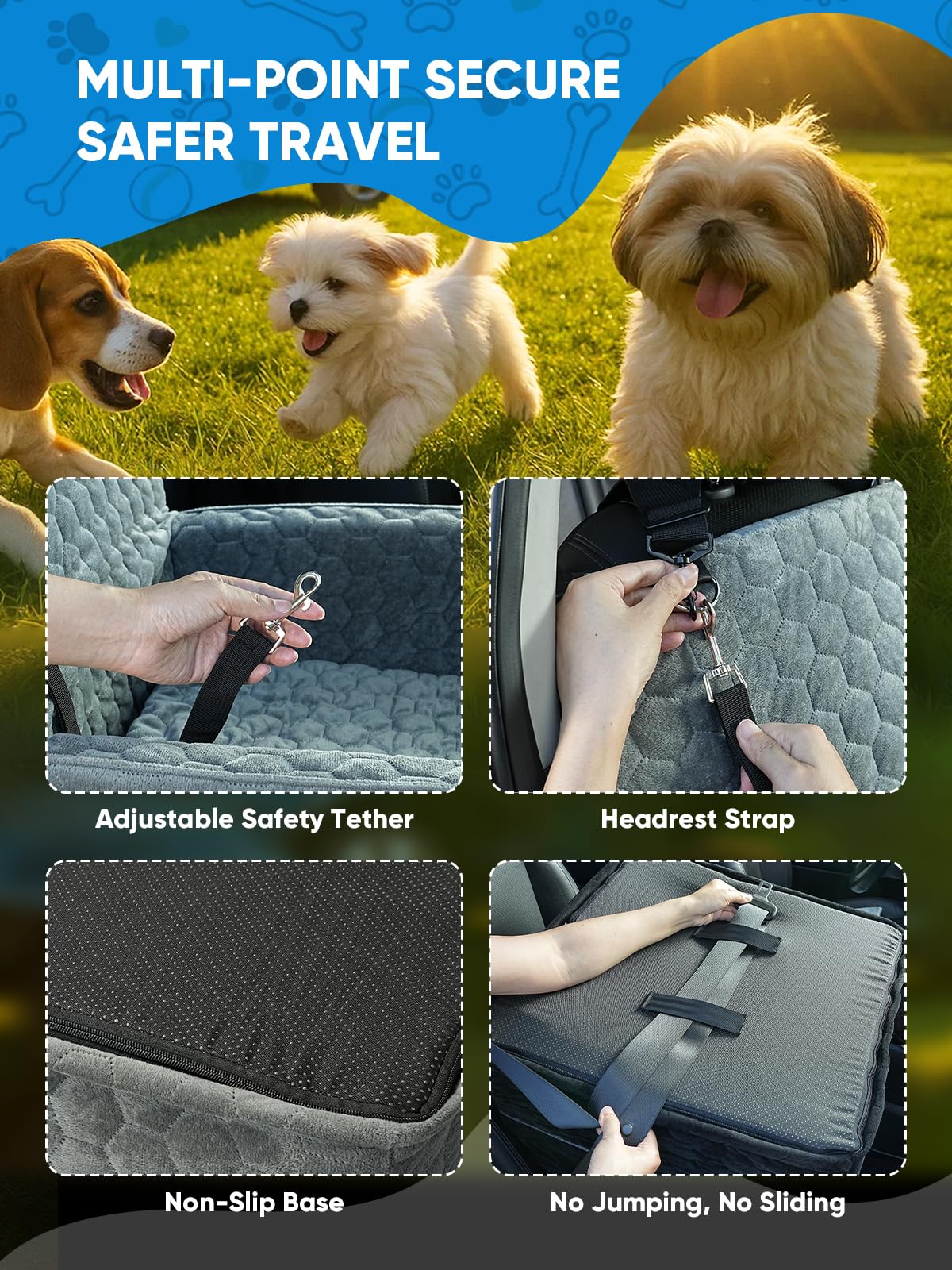 Sniffury Dog Car Seat for Small/Medium Pets, Adjustable Booster Seat with Safety Leash, Washable Cover & Storage Pockets (Up to 35 lbs, Gray)