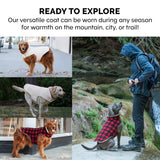 Furhaven Reversible XL Dog Coat, Washable & Insulating w/ Leash Access - Sherpa & Plaid Fleece Flex-Fit Jacket - Cream/Red, Extra Large