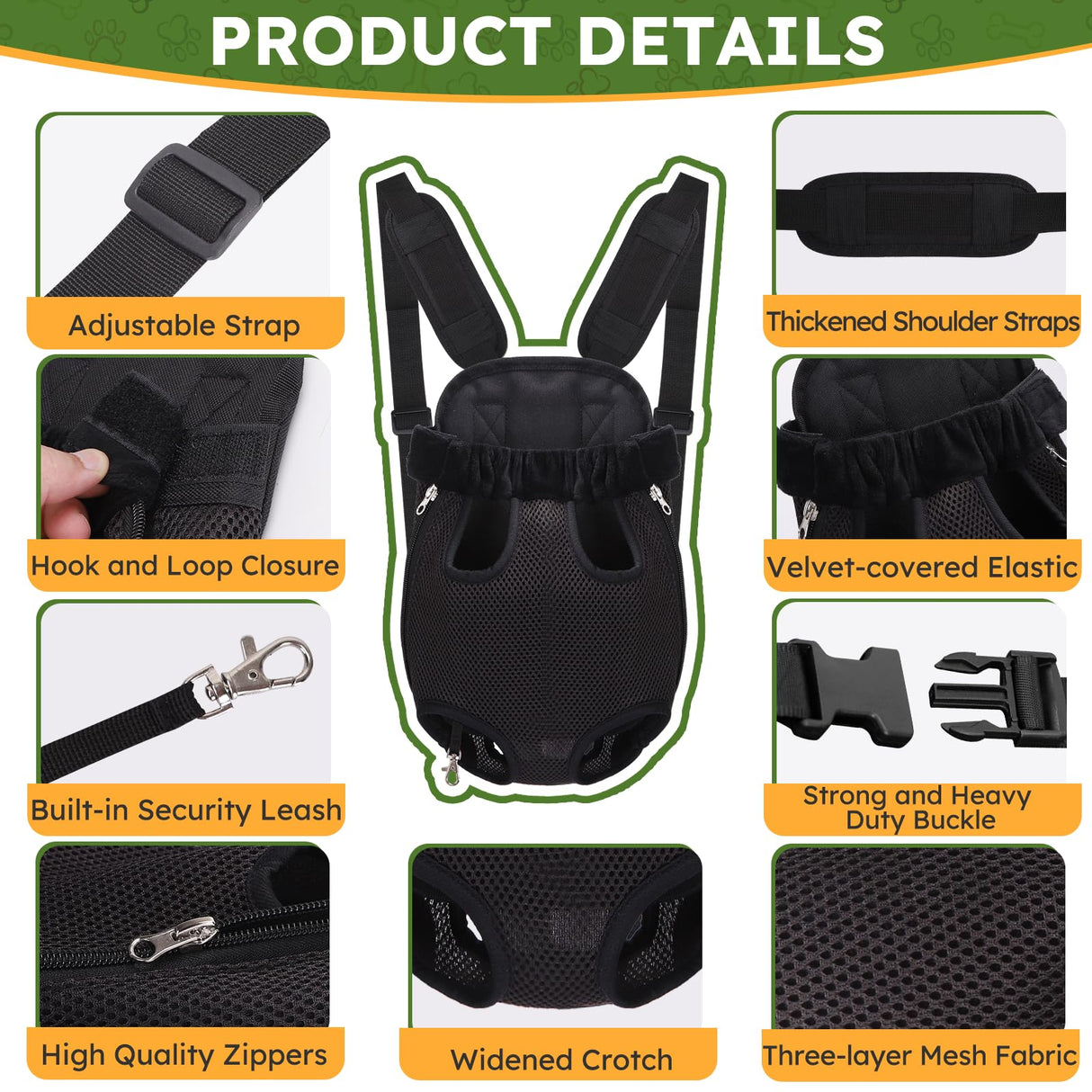 Pet Carrier Backpack, Hands-Free Adjustable Dog Front Carrier Legs Out & Easy-Fit Dog Backpack Carrier for Hiking Camping Traveling Cycling for Small Dogs and Rabbits (Large, Black)