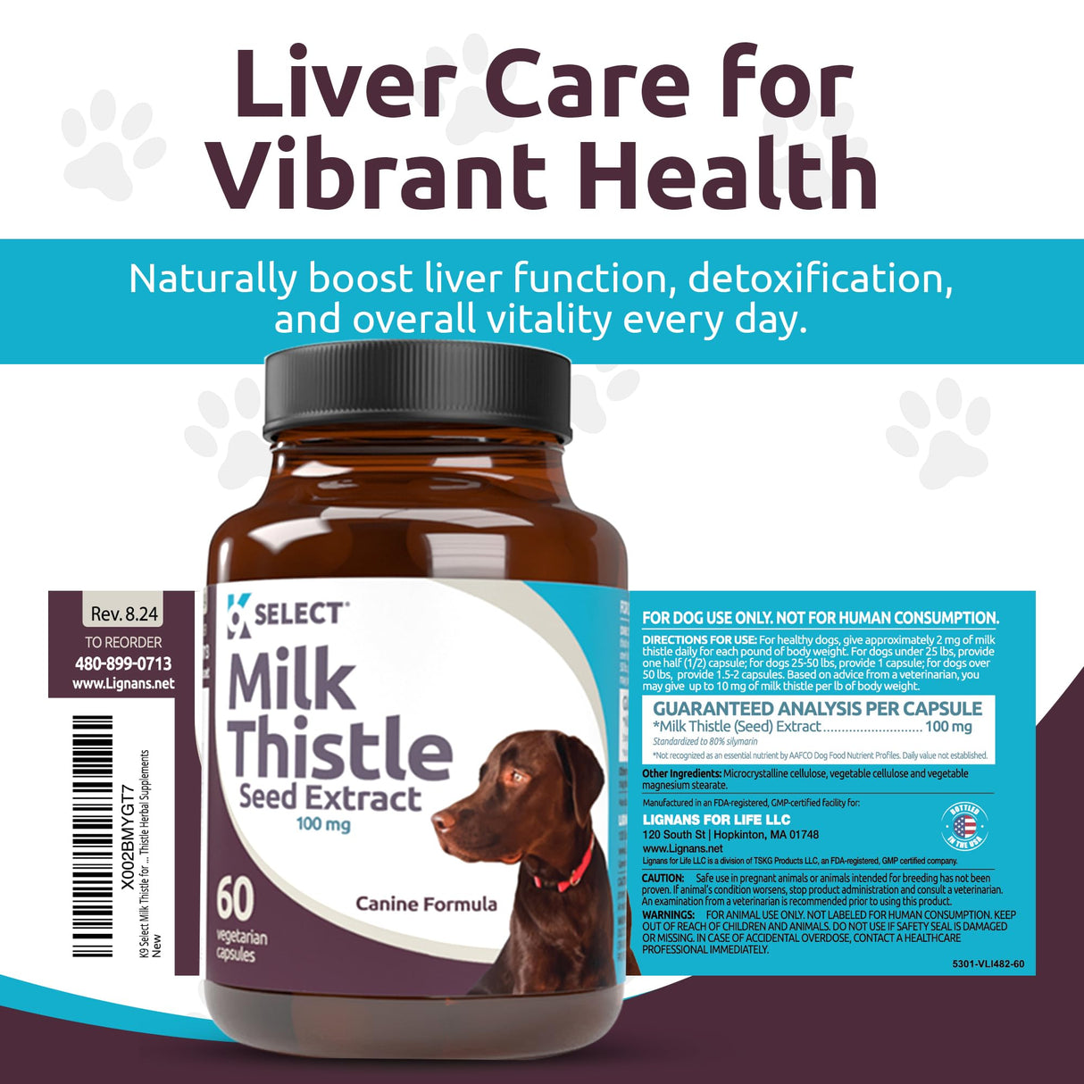 K9 Select Milk Thistle for Dogs, 100mg - 60 Vegetable Capsules - Canine Liver Health Milk Thistle Supplement - Milk Herbal