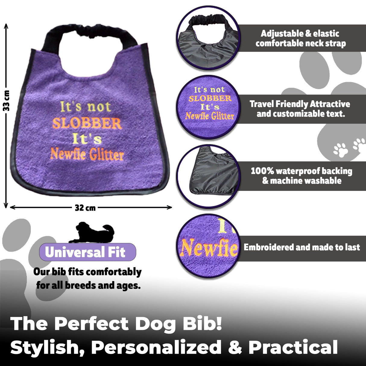 Unique Handmade Newfoundland Dog Bib - Personalized Colors, Waterproof Backing, and Adjustable Fit for all breeds - stylish - choose your size - newfy glitter