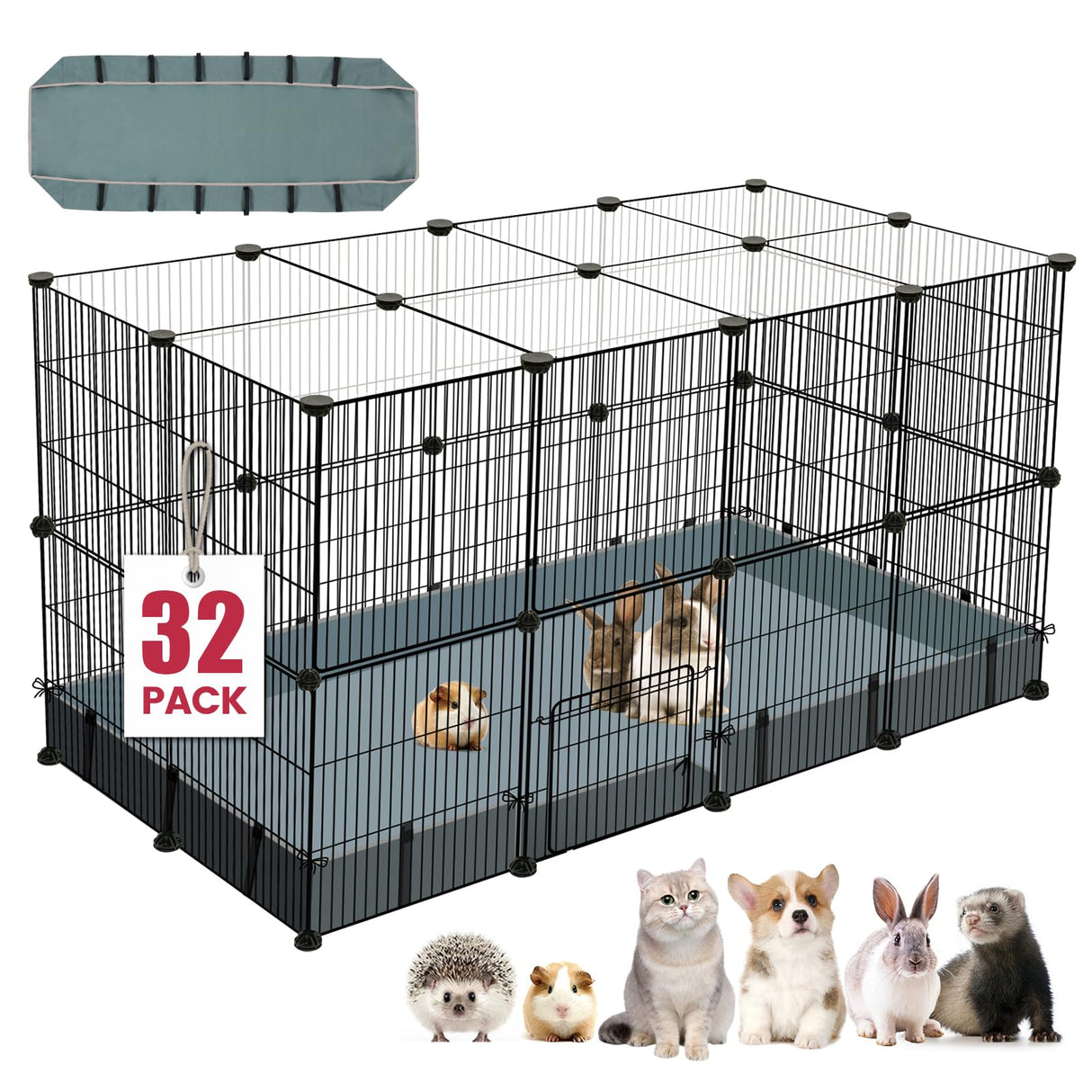 32 Panels Small Animal Playpen,47.5" x 23.7" x 31.5" Pet Playpen with Upgrade Waterproof Mat,C&C Cage for Guinea Pigs, Rabbit/Bunny Cage, Bunny/Puppy Play Pen, Indoor Outdoor Portable Metal Fence