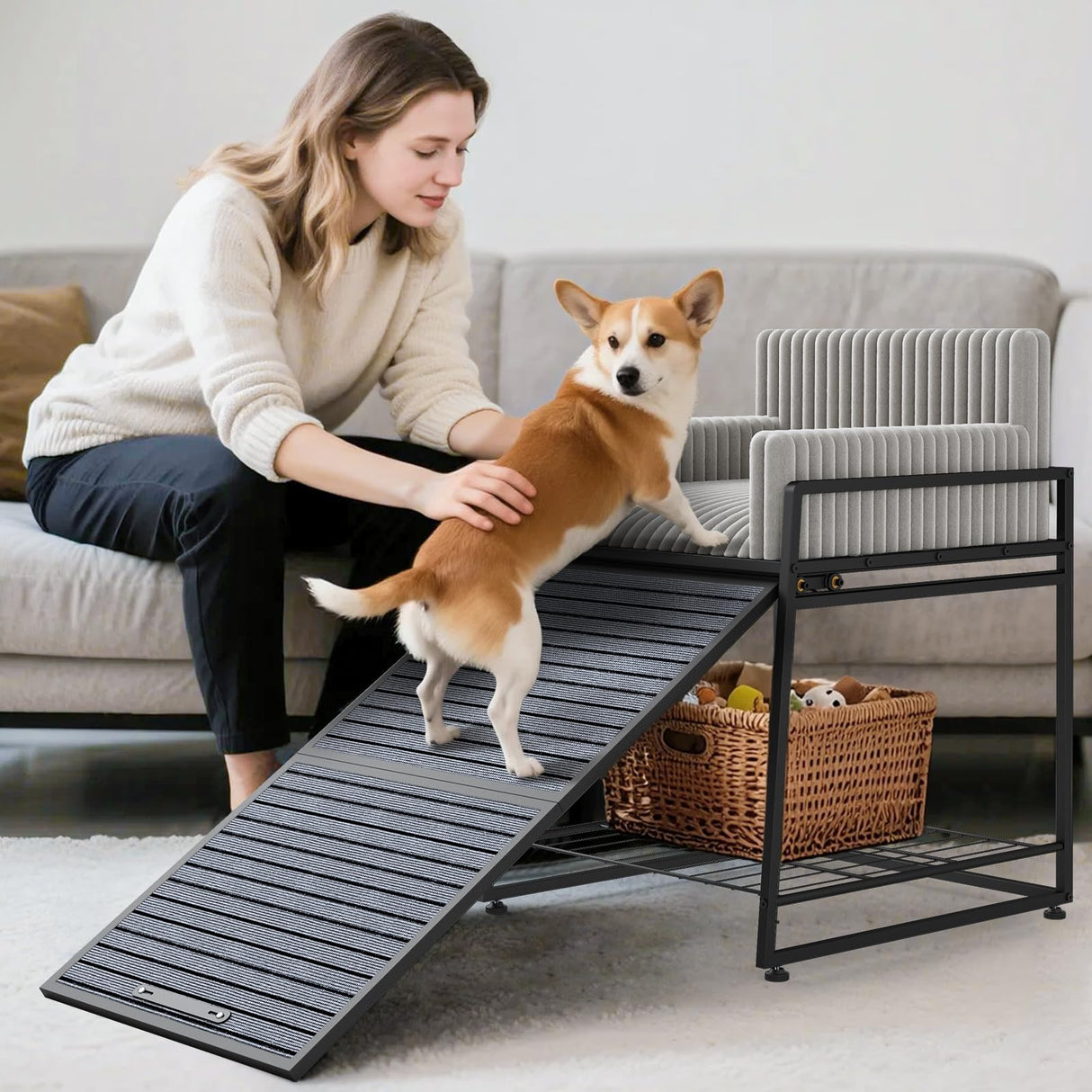 Pet Stairs Ramp with Seat,Dog Window Perch with Stairs and Storage,Dog Seat with Ramp Steps,Folding Pet Ramp for Dogs Cats,Bunk Bed Chair with Sofa Cushion for Bed Couch Office,Hold Up to 110 lbs