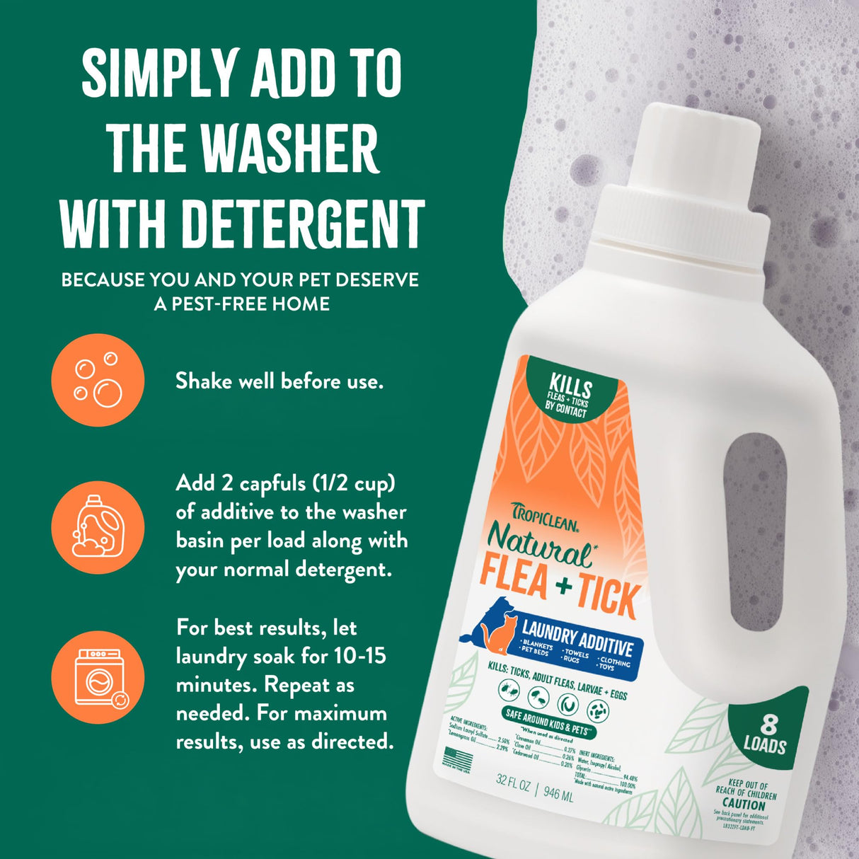 TropiClean Flea and Tick Laundry Additive, Laundry Detergent Booster, Safe for Dogs, Cats, & Home, Powerful Treatment Laundry Addition, 32oz