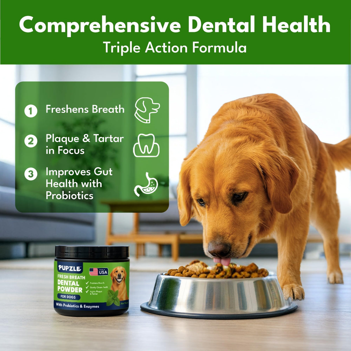 Pupzle Dog Teeth Cleaning Powder for Fresh Breath, Dog Dental Powder, Tartar & Plaque Focused, Natural Breath Freshener, Pet Dental Supplement with Probiotics for Gut Health, Mint, 60 Days Supply