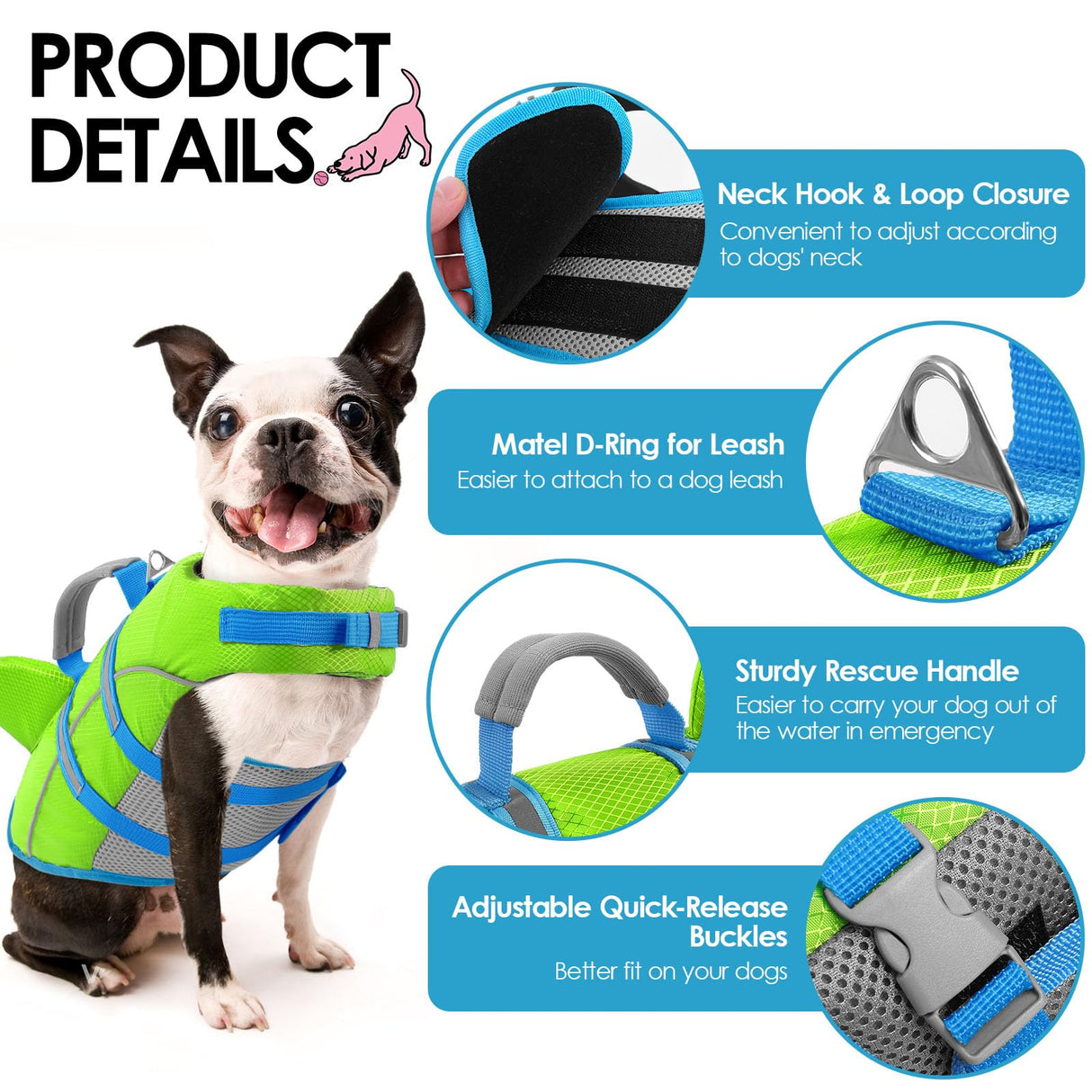 AOFITEE Medium Dog Life Jacket, Shark Life Jackets for Swimming Boating, Reflective Dog Swimming Vest with High Buoyancy, Pet Life Preserver with Rescue Handle for Medium Pets (Green M)