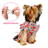 Frienda 2 Pcs Dog Dress Princess Floral Summer Puppy Dress with Bows Headband for Dog Cat Birthday Party Holiday Hawaiian Mermaid, Red and Yellow(L)