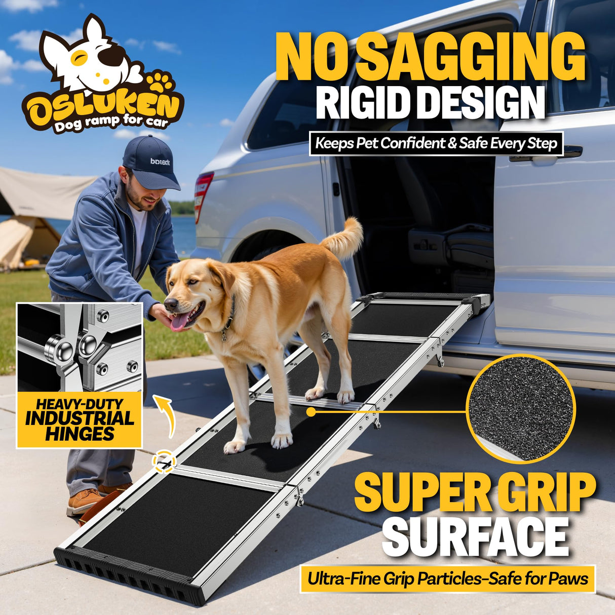 Dog Ramp for Car (200 lbs), Extra L71” W17” Folding Pet Ramp for Large Dogs 90° Adjustable Head, Outdoor Anti-Slip Foldable Dog Car Ramps for SUV Truck Side Door (5 Folded)