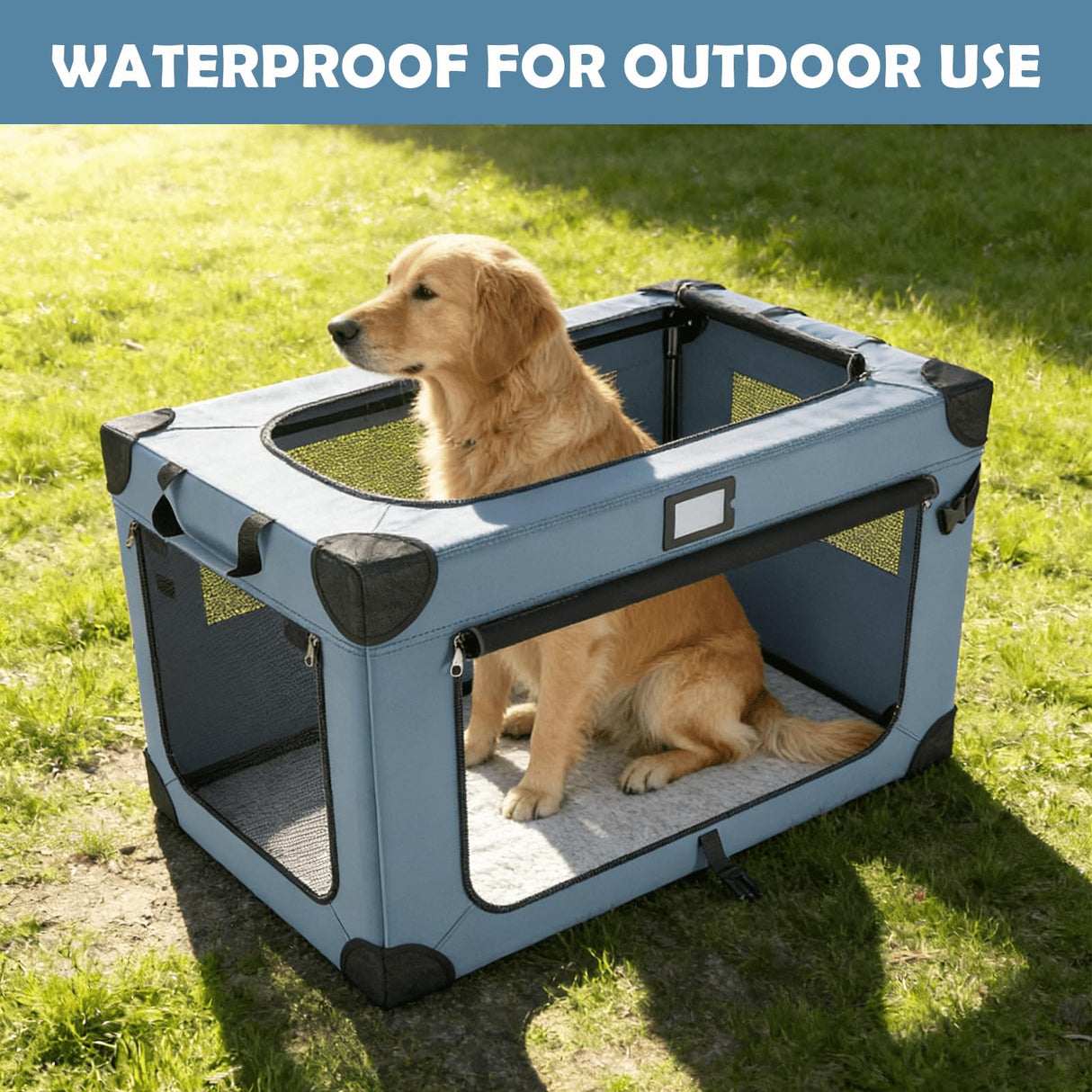 QUIBBLICK 36 Inch Soft Collapsible Dog Crate, Portable Travel Dog Crate for Indoor and Outdoor Use, Oxford Fabric Pet Carrier with Chew-Proof Mesh Window, Warm Blanket and Foldable Bowl, Blue