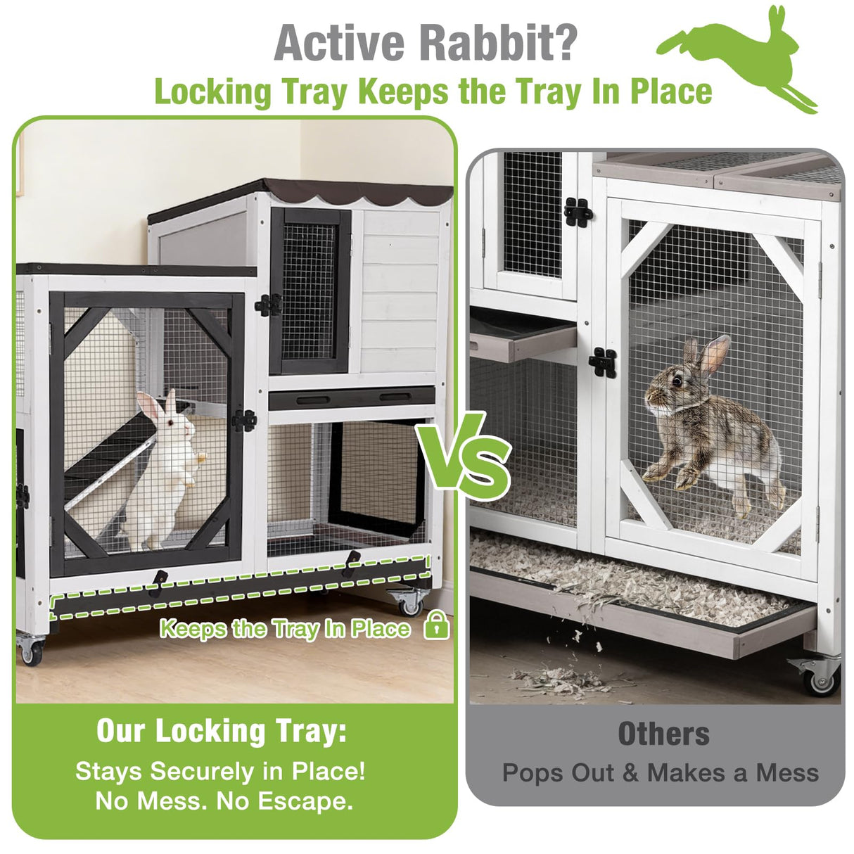 Gutinneen 2-Story Rabbit Hutch Bunny cage with Chew-Proof Ramp, Locking Leak-Proof Trays - Indoor/Outdoor 39.3" Wooden Rabbit Cage with Wheels for Rabbits, Guinea Pigs, Small Animal (Black and White)