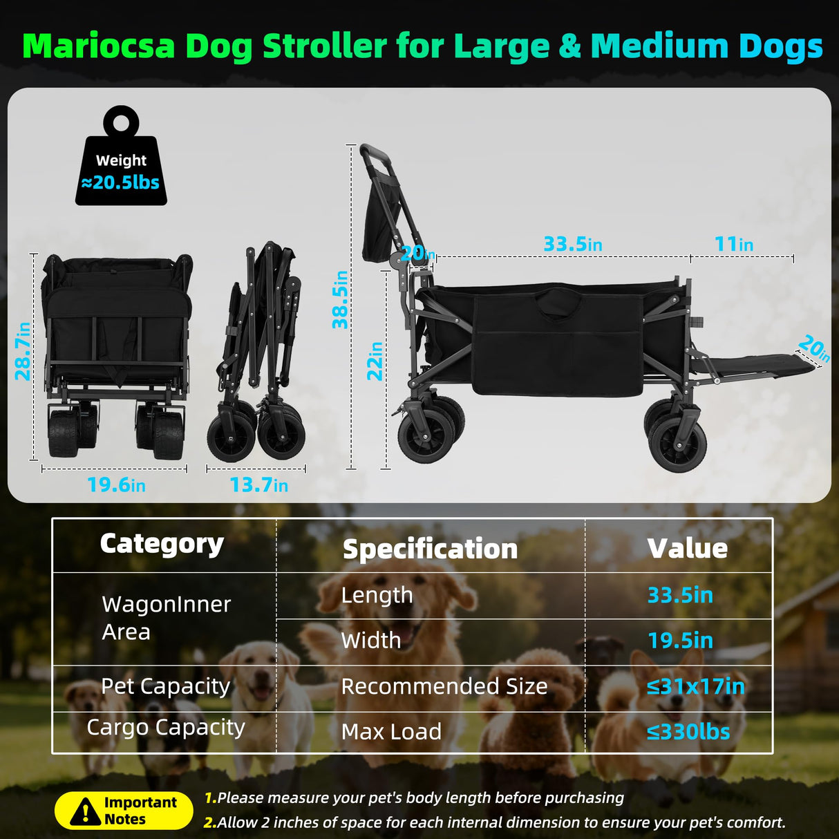 Mariocsa Dog Stroller for Large & Medium Dogs, Foldable Pet Stroller Wagon, All-Terrain with Carbon Steel Frame(Up to 300 lbs), Adjustable Handle, Dog Wagon Suitable for Walking, Camping & Shopping