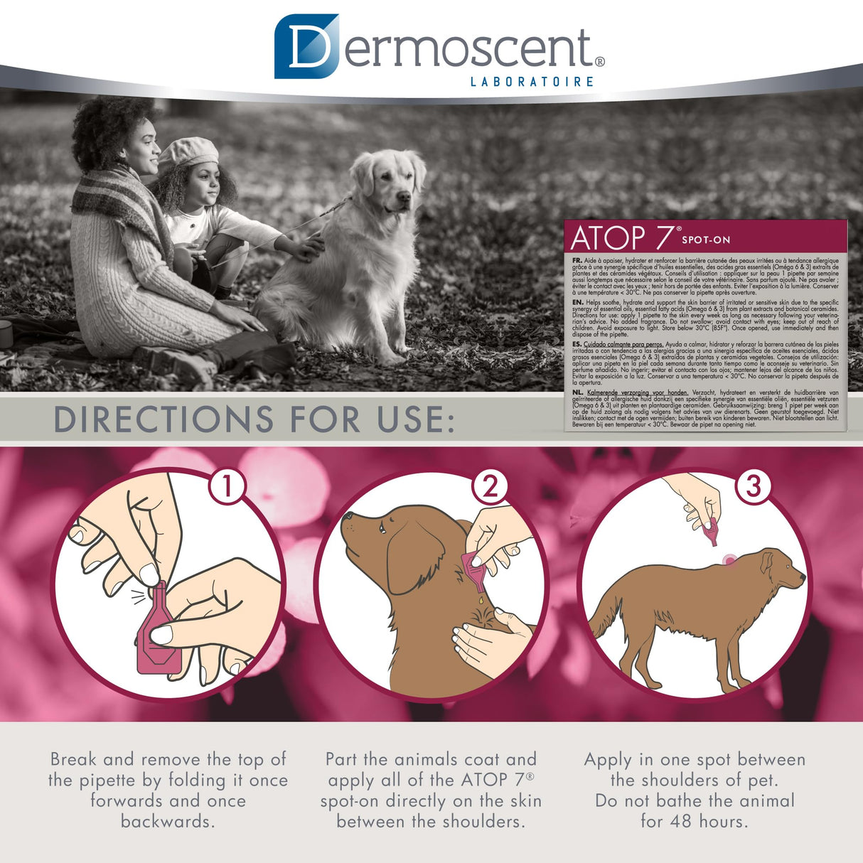 Dermoscent ATOP 7 spot-on - Large Dogs 45-90 lbs - Soothing Care for Sensitive, Dry and Itchy Skin or Allergy Prone Skin - Natural Ingredients - 4 pipettes