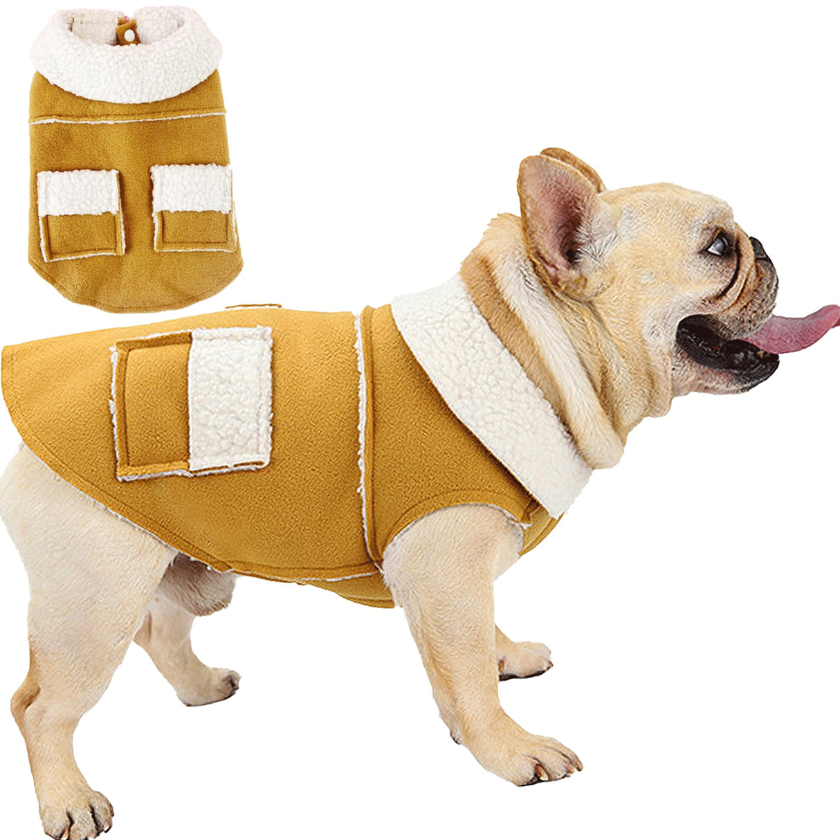 CHEERTAILS French Bulldog Clothes Frenchie Clothes, Snaps Closure Dog Winter Coat Jacket for Small Medium Dogs, Fleece Warm Dog Sweaters for Small Dogs Boy Girl,Beige,XL