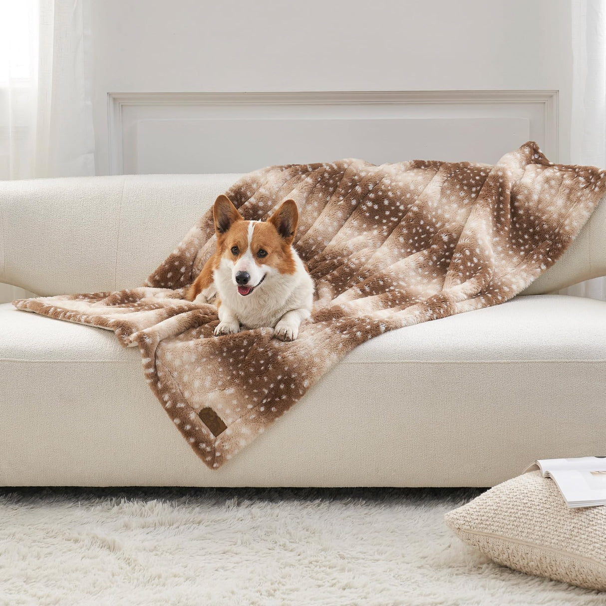COZY KISS Waterproof Pet Blanket, Christmas Deer Print Blanket for Bed Couch Protector, Reversible Washable Plush Dog Faux Fur Throw for Puppy, Double Sided Cat Blanket, 30x40 inch, Brown
