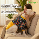 LovinPet Dog Sweater, Warm Flannel Onesie for Large Dogs, Winter Clothes with Front Sleeves and Snap Buttons, Cozy Pajamas for Sleep and Lounging, Glow in The Dark Dot Dot Black Prints, XXL