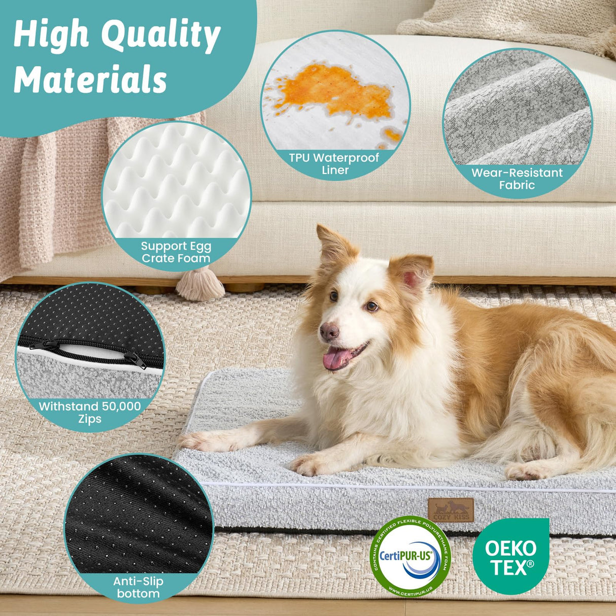 COZY KISS Big Dog Bed for Giant Dogs, Rectangular XXL Orthopedic Dog Beds Extra Large, Foam Anti-Slip Bottom Pet Mat with Washable Removable Cover, Suitable for Pet Up to 150 lbs, 54x44x4 inch, Grey