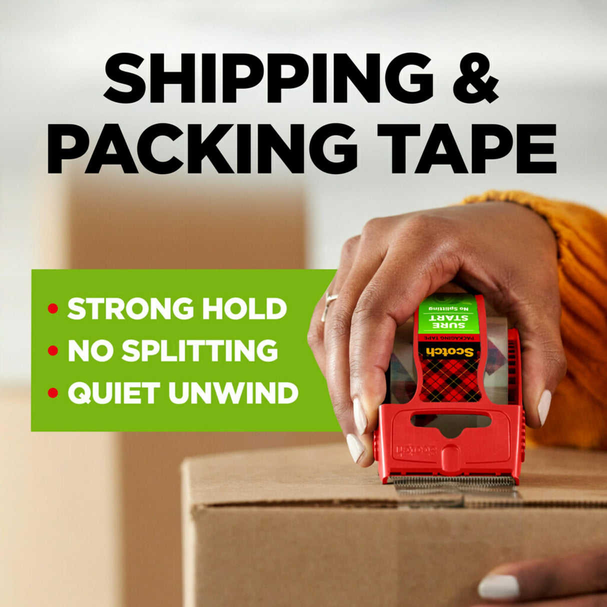 Scotch Sure Start Packing Tape, Clear, Quiet Unwind and Easy Start, Moving Supplies, 1.88 in. x 22.2 yd., 6 Tape Rolls with Dispensers