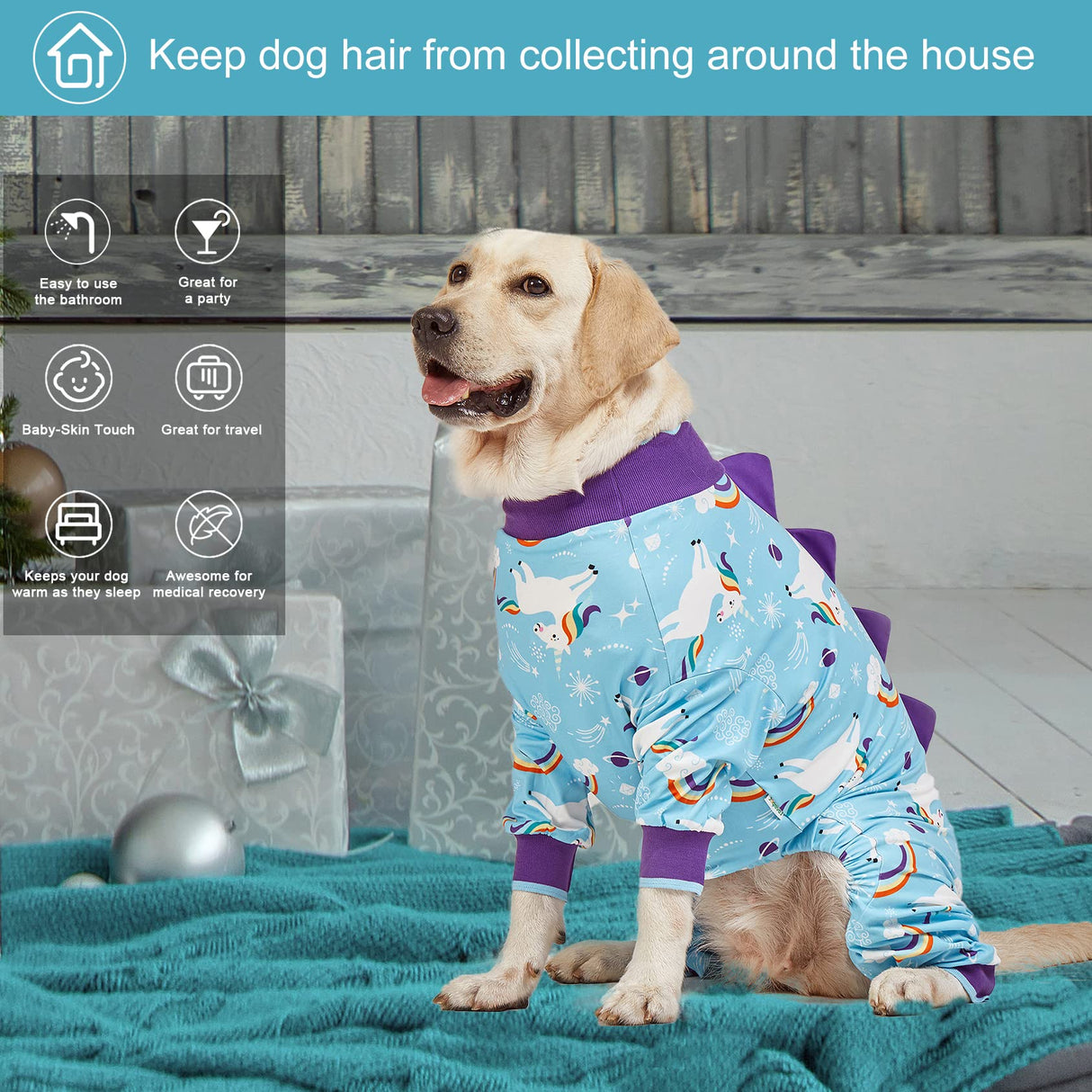 LovinPet Pet Clothes Large Dog, Anti Licking Dog Recovery Clothes, Lightweight Onesie, Starlight Rainbow/Wild Horse Prints American Bully Pajamas, UV Protection, Adorable pet PJ's/Large