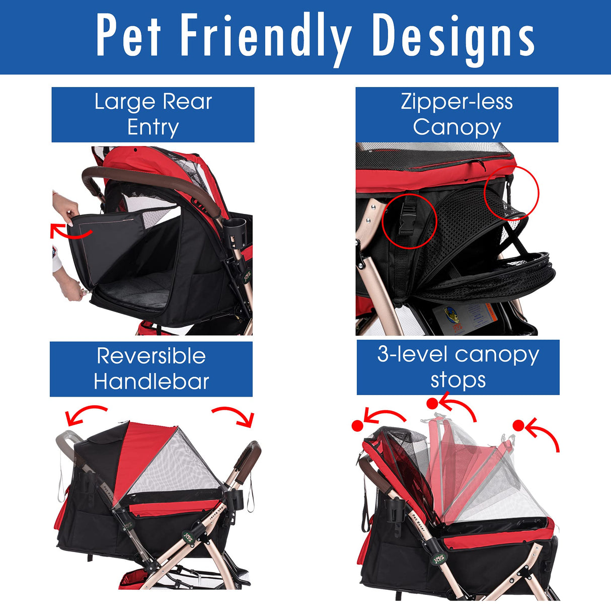 HPZ Pet Rover XL Extra-Long Premium Heavy Duty Dog/Cat/Pet Stroller Travel Carriage with Convertible Compartment/Zipperless Entry/Pump-Free Rubber Tires for Small, Medium, Large Pets (Red 2nd-Gen)