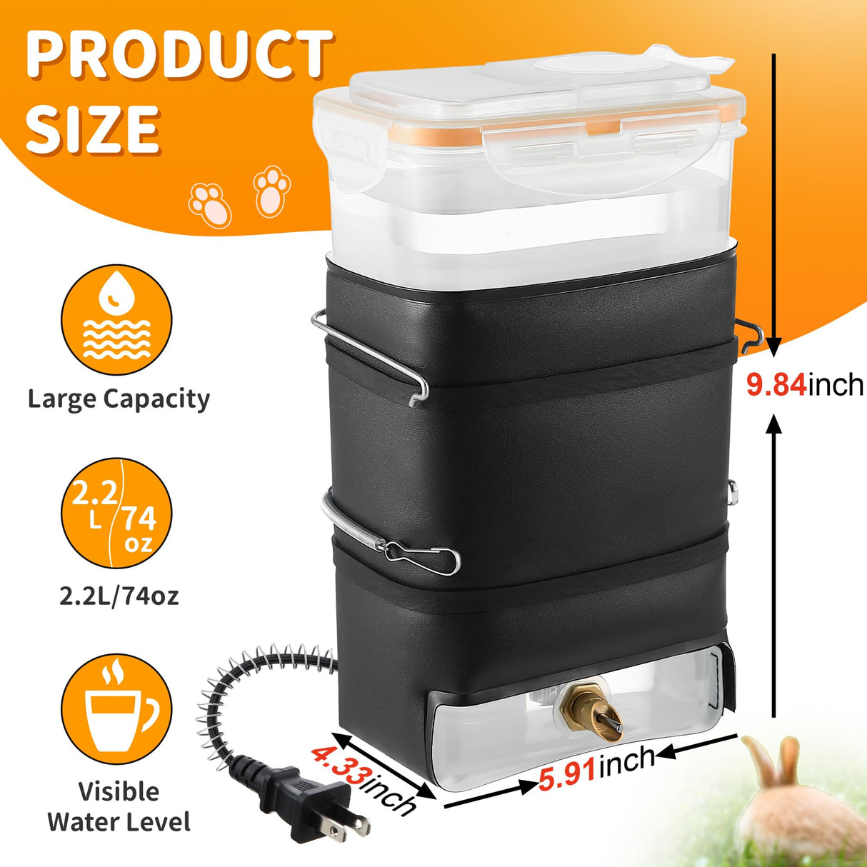 74 oz Heated Rabbit Water Bottle, Large Rabbit Water Dispenser No Drip, Bunny Bottle, Heated Small Animal Drinker for Pets, Rabbits, Guinea Pigs, Hamster, Ferrets, Birds, Mouse, Rats(1 Pack)