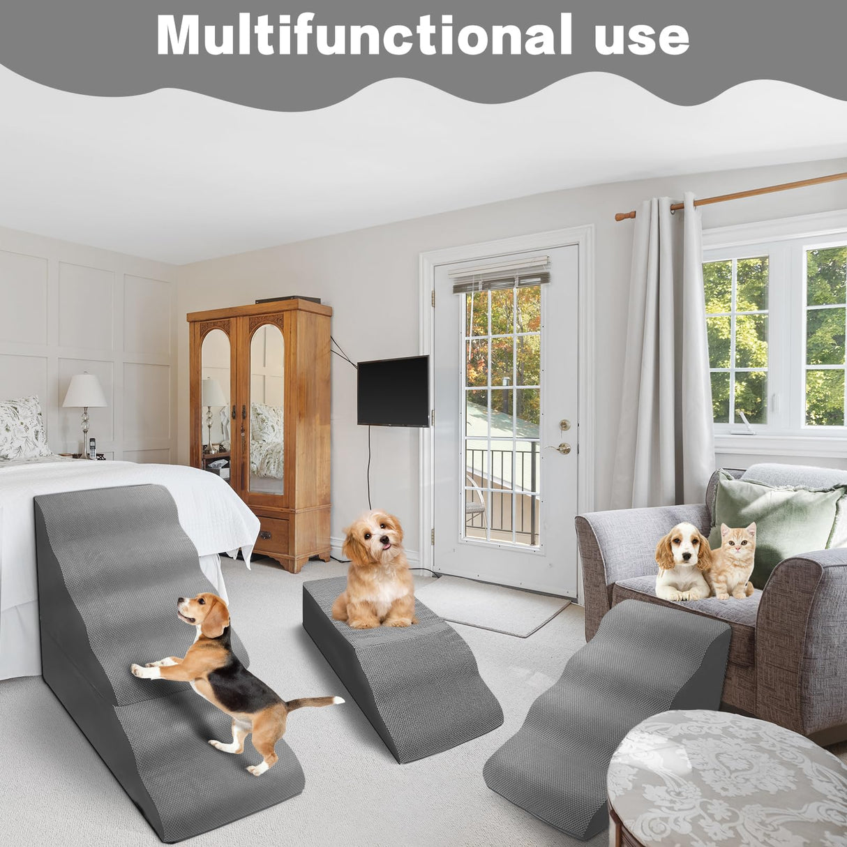 MALOROY Dog Stairs for High Beds 30-36 inches Tall, 6-Step Dog Steps for Bed 32-36 inches for Small Large Dogs, Doggie Ramp for Bed, 30D Foam Pet Stairs for Old Dogs/Cats, Free-Installation, Grey