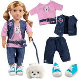 7pc Dog Walker Outfit w Pet Puppy- 18" Doll Clothes & Accessories Compatible w American Girl Dolls- Set Includes T-Shirt, Vest, Pants, Belt, Shoes, Dog Plush & Leash- Perfect Easter Basket Stuffer