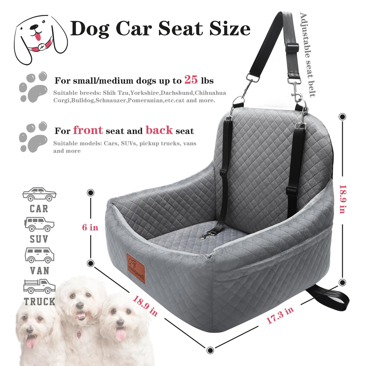 VERGODPRO Car Dog Seat,Pet Booster Carseats for Dogs up to 25lbs,Safe and Comfy Puppy Travel Car Bed with Storage Pockets and 2 Safety Belt,Ultra Soft Fabric, Easy to Install,Fully Removable Washable.
