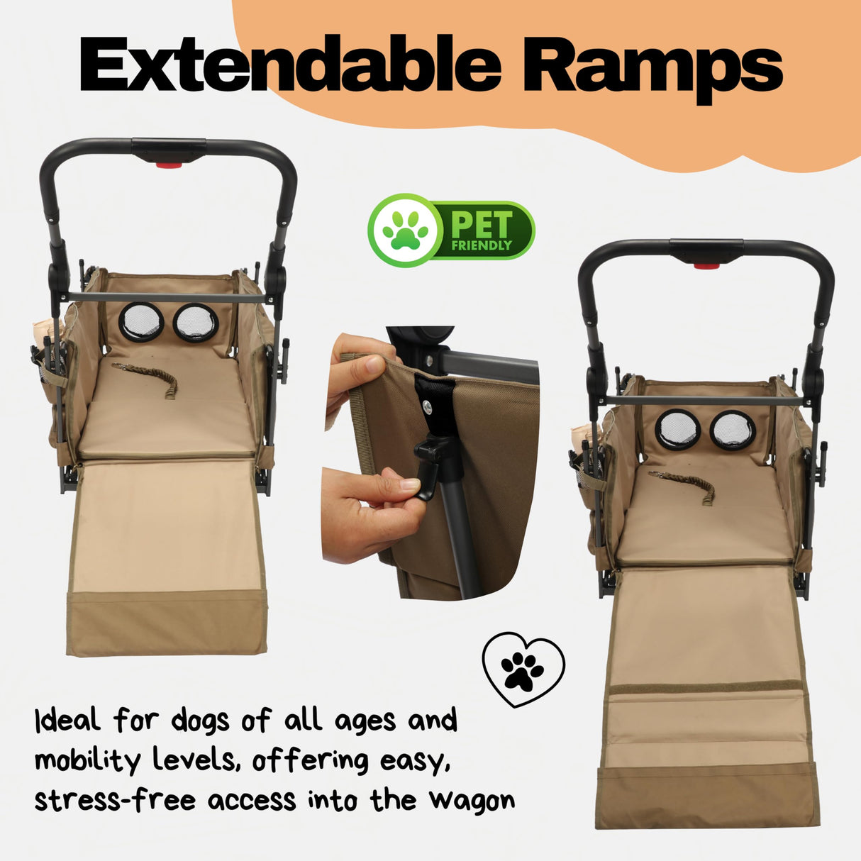 LONGDOG IMPRESSIONS Foldable Pet Wagon Dog Stroller with Removable Fully Zipped Tent, Pet Travel Wagon with Extendable Ramp Built-in Storage Attached Water and Food Station