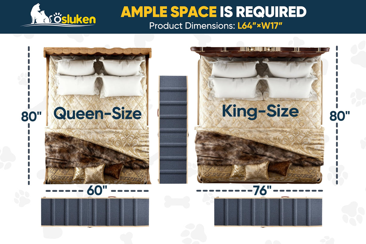 Dog Ramp for Bed, L63 W17 Foldable Pet Ramp for Small Large Dogs Cats, Dog Ramps for High Beds Car, High Traction with Platform 6 Adjustable Heights 24" to 30" Up to 220LBS, Wood (Wood, 63"X 17")