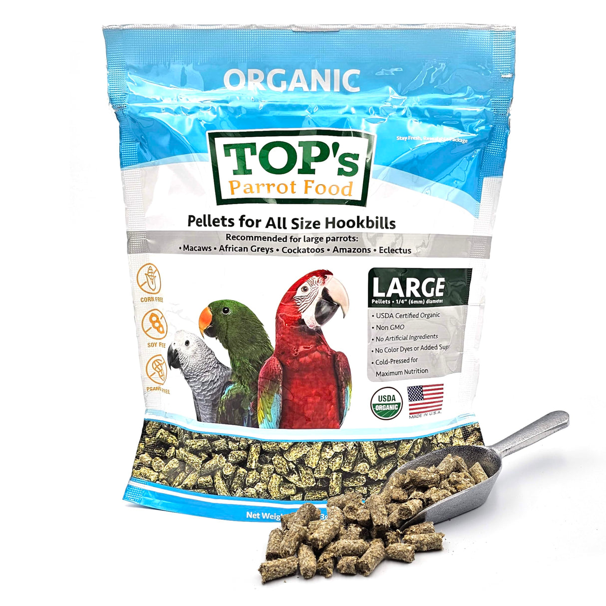TOP's Parrot Food Pellets Hookbills, Small, Medium, Large Birds - Non-GMO, Peanut Soy & Corn Free, USDA Organic Certified - 1 lb / 453 g