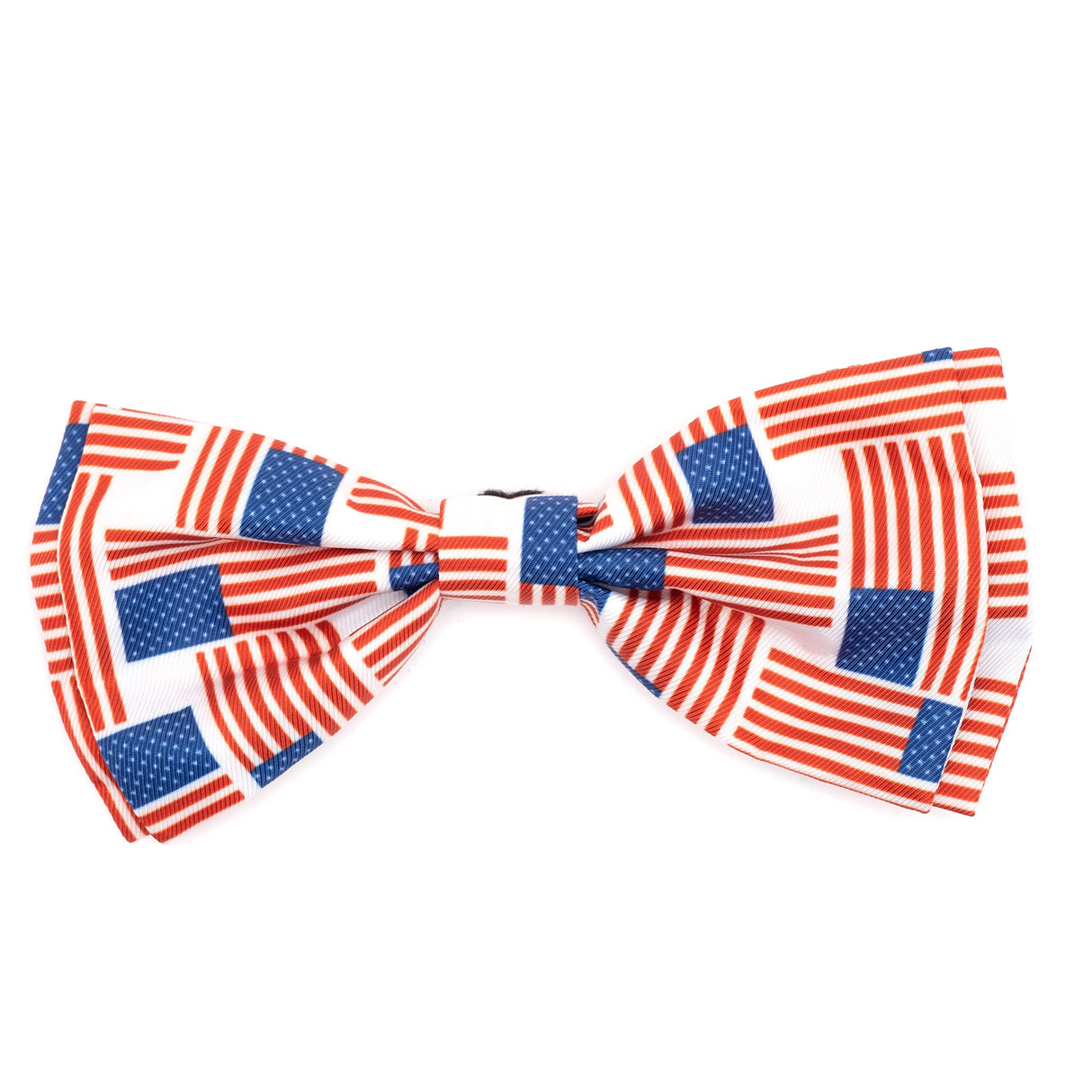 THE WORTHY DOG Pet Bow Tie for Dogs & Cats – Soft Printed Polyester Collar Bow Tie with Touch Fastener, Attaches to Any Collar - Patchwork Flag Pattern, Red/White/Blue, Small
