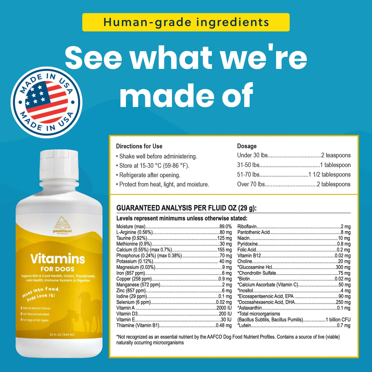 Paramount Pet Health Liquid Multivitamin for Dogs with Probiotics, 8 in 1 Vitamins for Immune Support, Energy & Digestion, High Absorption Liquid Dog Supplement, Made in USA, 32 oz
