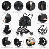 Kenyone 3-in-1 Pet Stroller for Small Medium Dogs Puppy Cat Stroller with Detachable Carrier & Pad Lightweight Foldable Aluminum Alloy Frame Dual No-Zip Entry(Black)