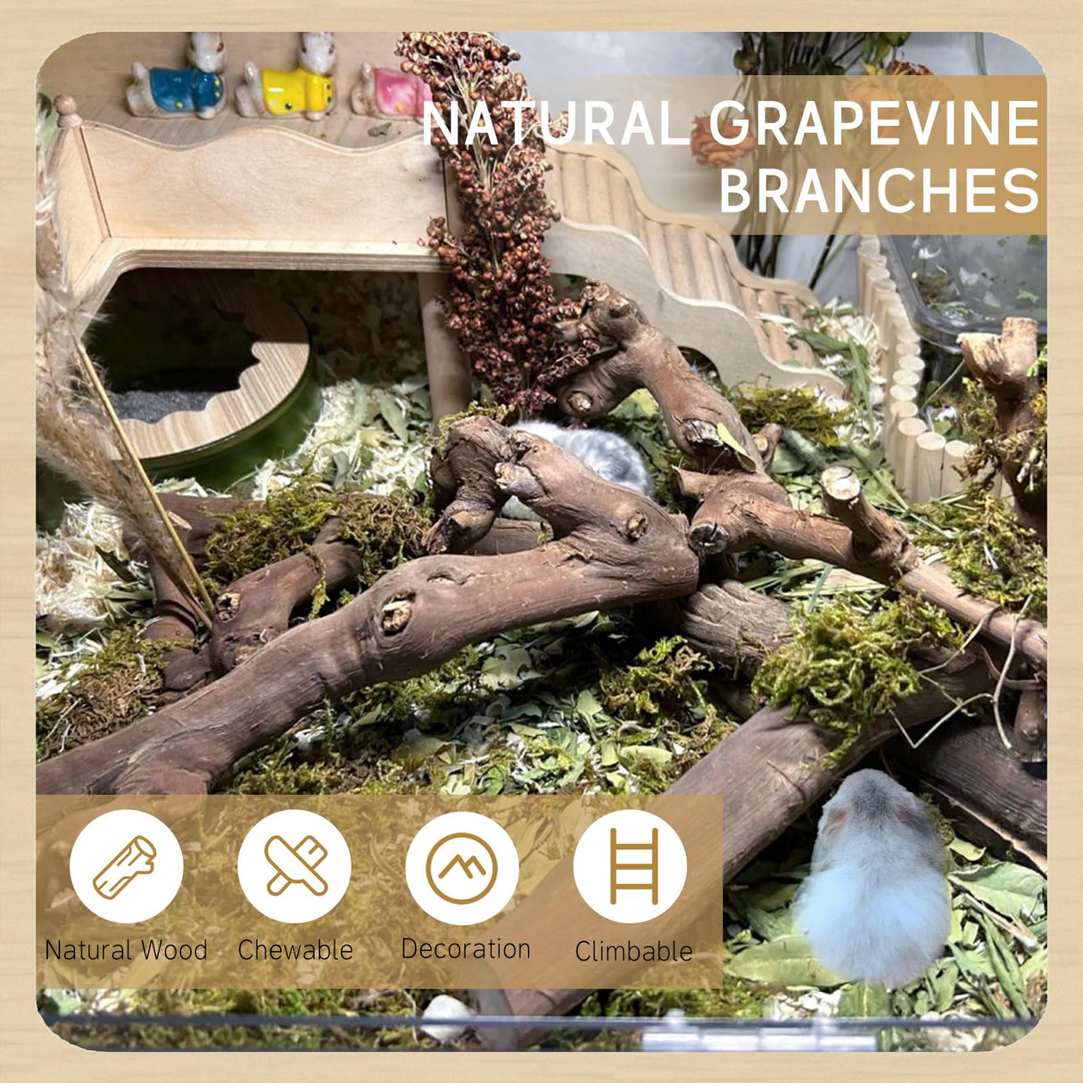 kathson 2PCS Wood Hamster Climbing Branches Decor, Natural Wooden Syrian Hamster Climb Chewing Toys, Rat Exercise Toys, Small Animal Habitat Decor Accessories for Dwarf Pets, Gerbils, Mice (7.8IN)