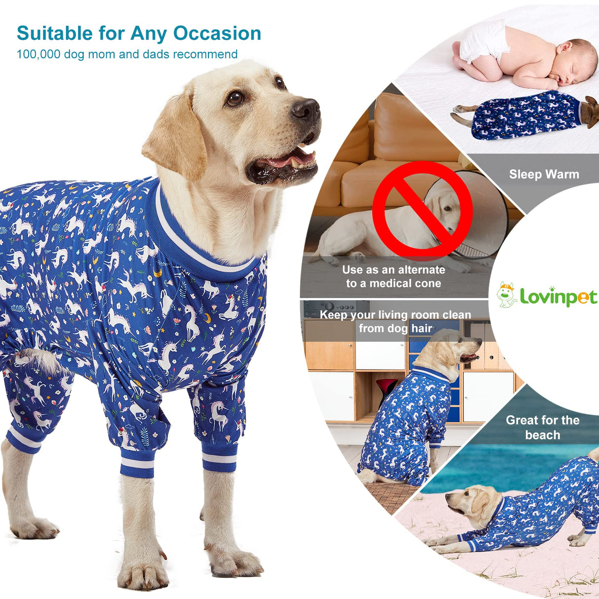 LovinPet Large Dog PJS Clothes: Wound Care/Post Surgery Mastiff Shirt, Lightweight Stretchy Knit Dog Pajamas, Mermaids & Unicorns Blue and White Print, Mastiff Pajamas, Pet PJ's/Medium
