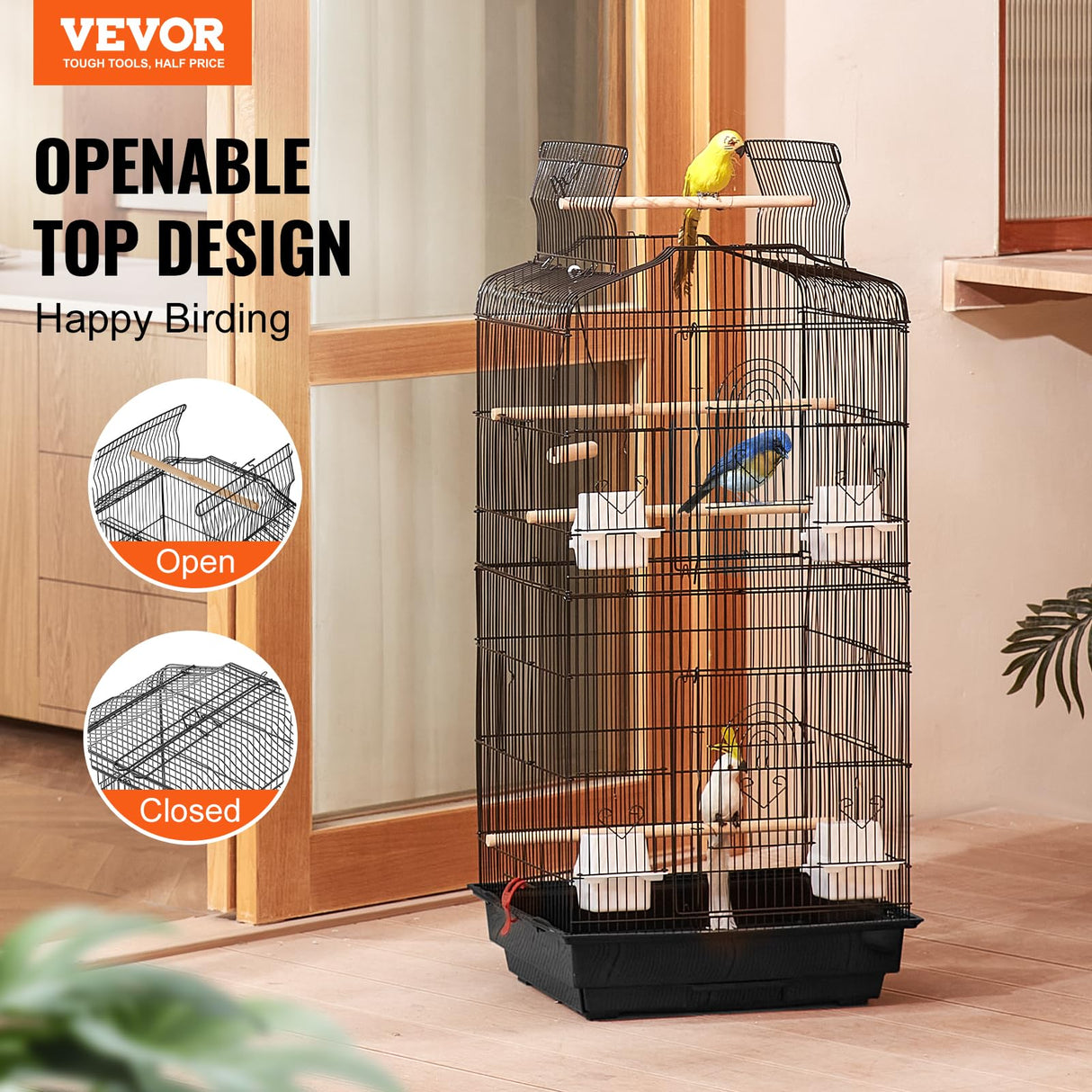 VEVOR 41-inch Open Top Large Parrot Bird Cage, Hanging Bird Cage for Parakeets Finches Canaries Lovebirds Cockatiels Budgies Small Quaker Conures Travel Pet Flight Birdcage with Swing and Perch