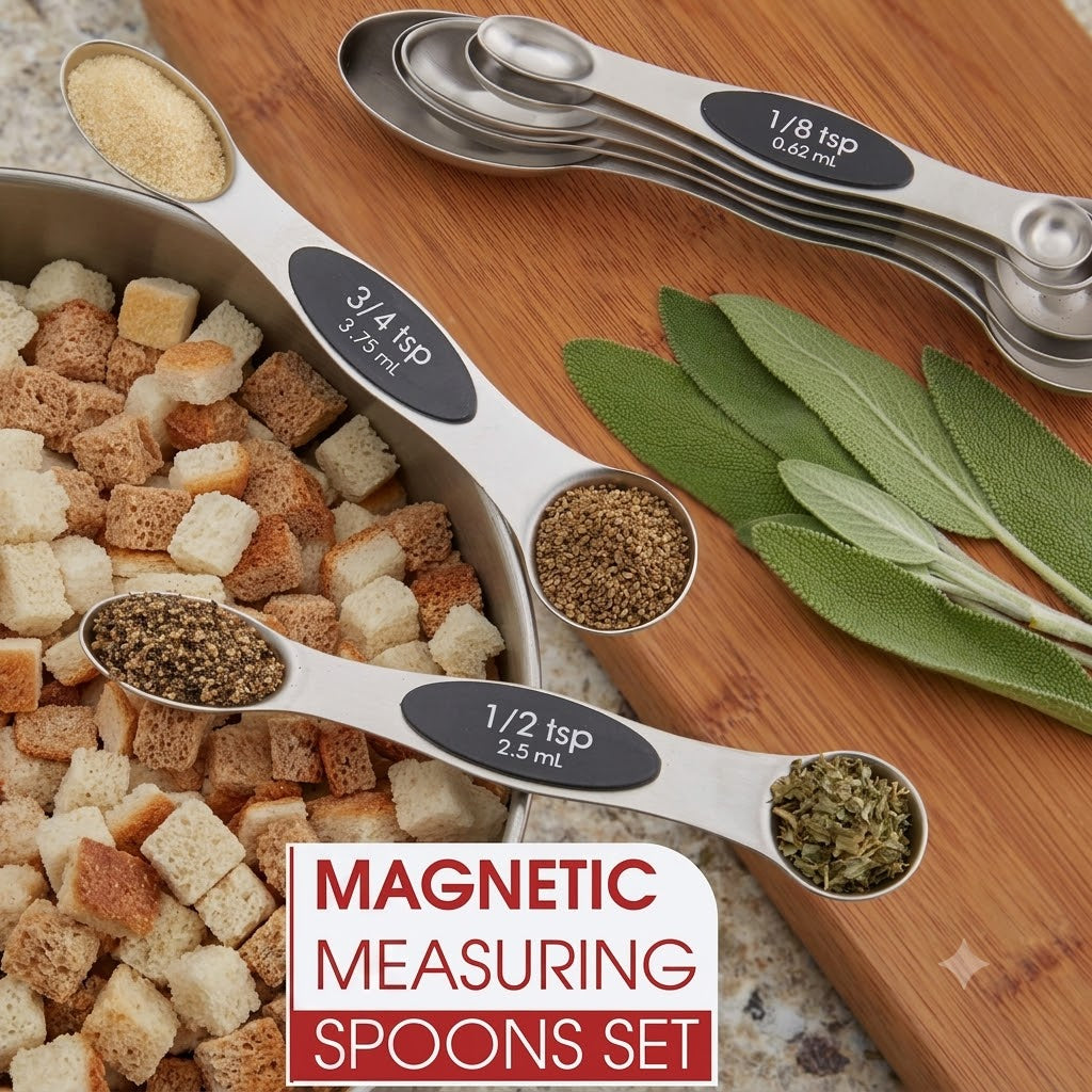 Stainless Steel Magnetic Measuring Spoons Set with Strong N45 Magnets, Heavy Duty Metal Kitchen Gadgets for Baking & Cooking, Fits in Most Kitchen Spice Jars, Set of 8 with Leveler, Black